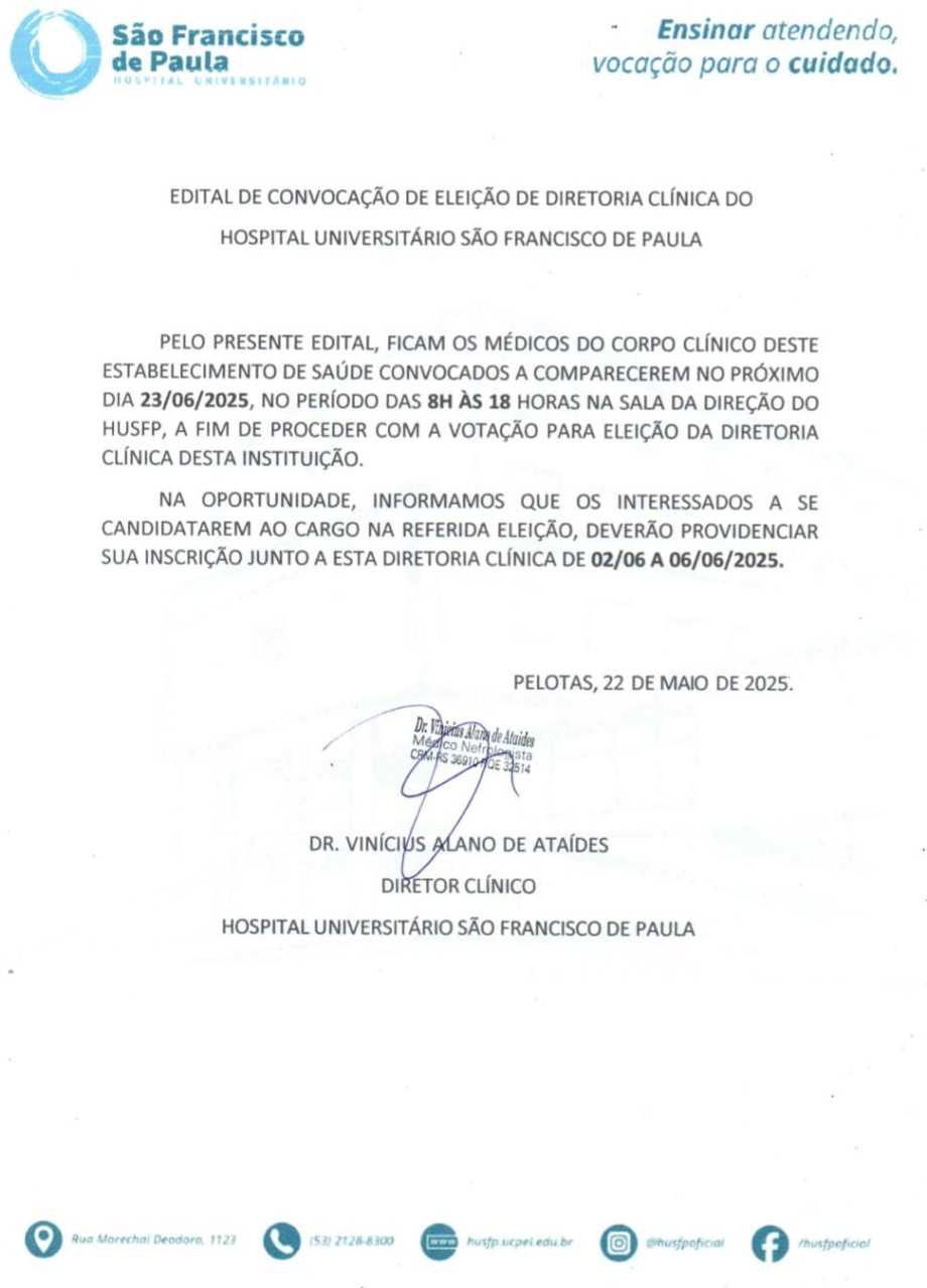 Edital de Convocação de Eleição de Diretoria Clínica do HUSFP